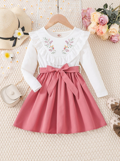 Girls' Elegant Floral Print Long Sleeve Dress with Ruffled Hem & Waist Tie - Knee-Length A-Line Skirt, Round Neck, Non-Stretch Fabric, All-Season Casual to Formal Outfits NovaCart
