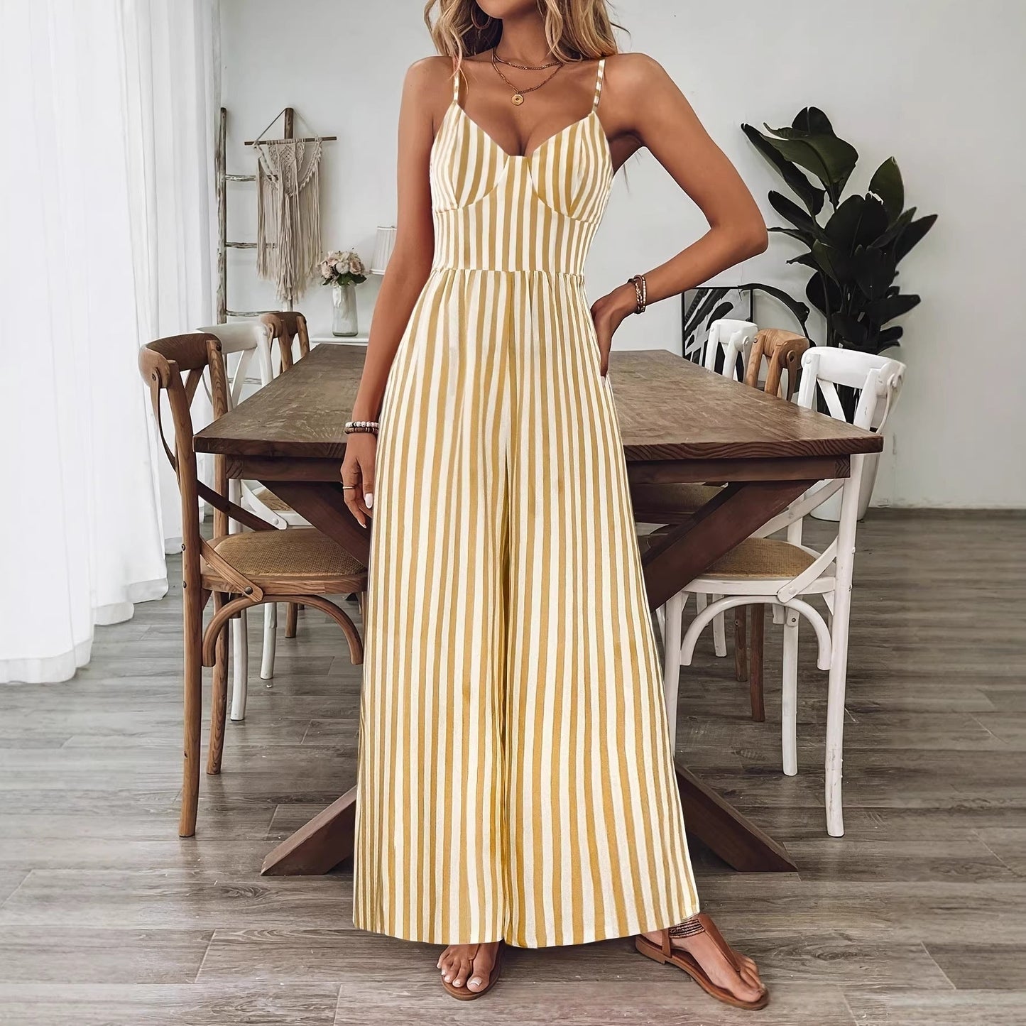 Printed Backless Sleeveless Strap Jumpsuit | Ginger Yellow FitiqueFit