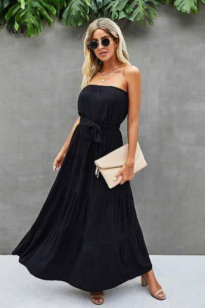 Off Shoulder Waist Tie Ruffle Dress Kacee Lillie Boutique