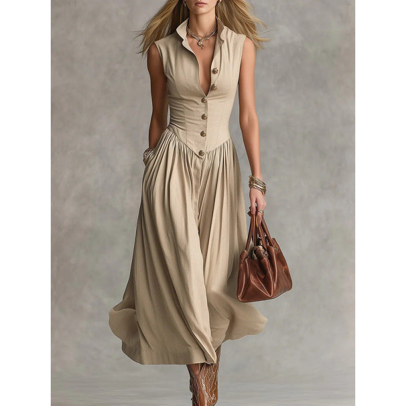 Women's Sleeveless Lapel Collar Maxi Dress – Slim Fit Patchwork FitiqueFit