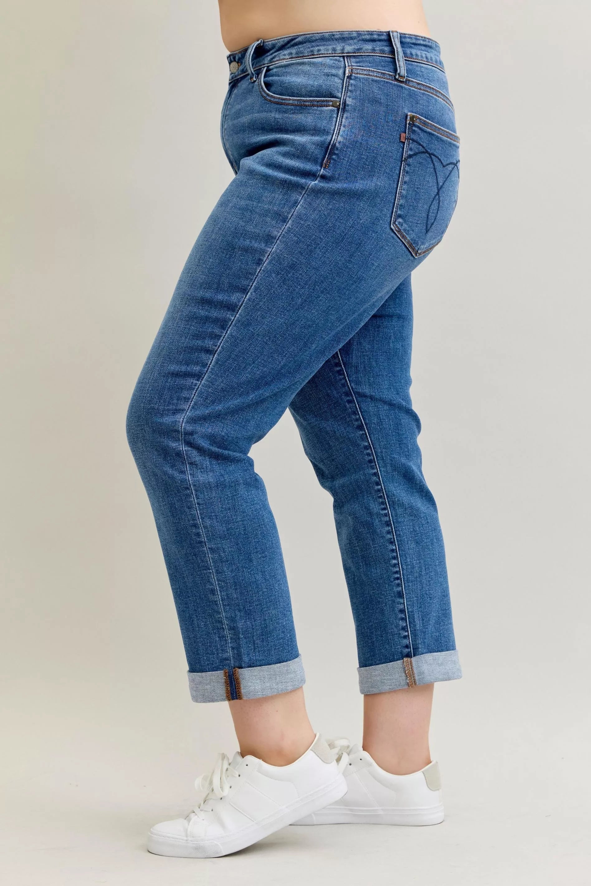 Judy Blue Full Size Mid Rise BF Classic Cuffed Jeans Plus Size Garden Naked Curves