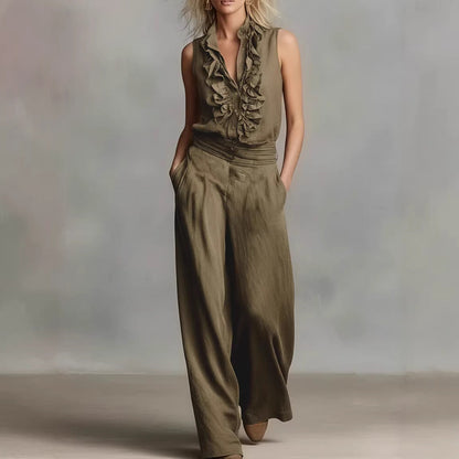 Women’s Linen Blend Two-Piece Set – Sleeveless Shirt & Wide-Leg Pants FitiqueFit