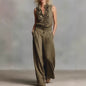 Women’s Linen Blend Two-Piece Set – Sleeveless Shirt & Wide-Leg Pants FitiqueFit