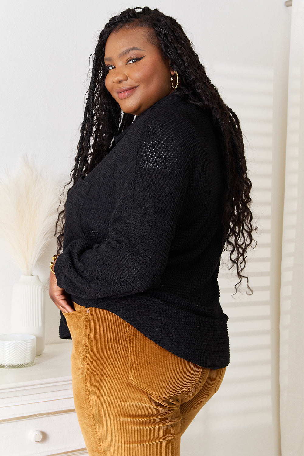 Double Take Waffle-Knit Collared Neck Dropped Shoulder Shirt New Era Fashion LLc