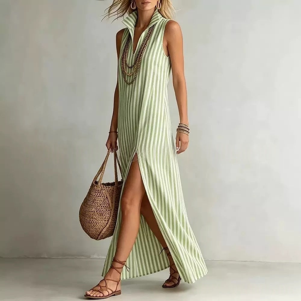Striped Stand Collar Side-Slit Sleeveless Maxi Dress – A-Line Cami FitiqueFit