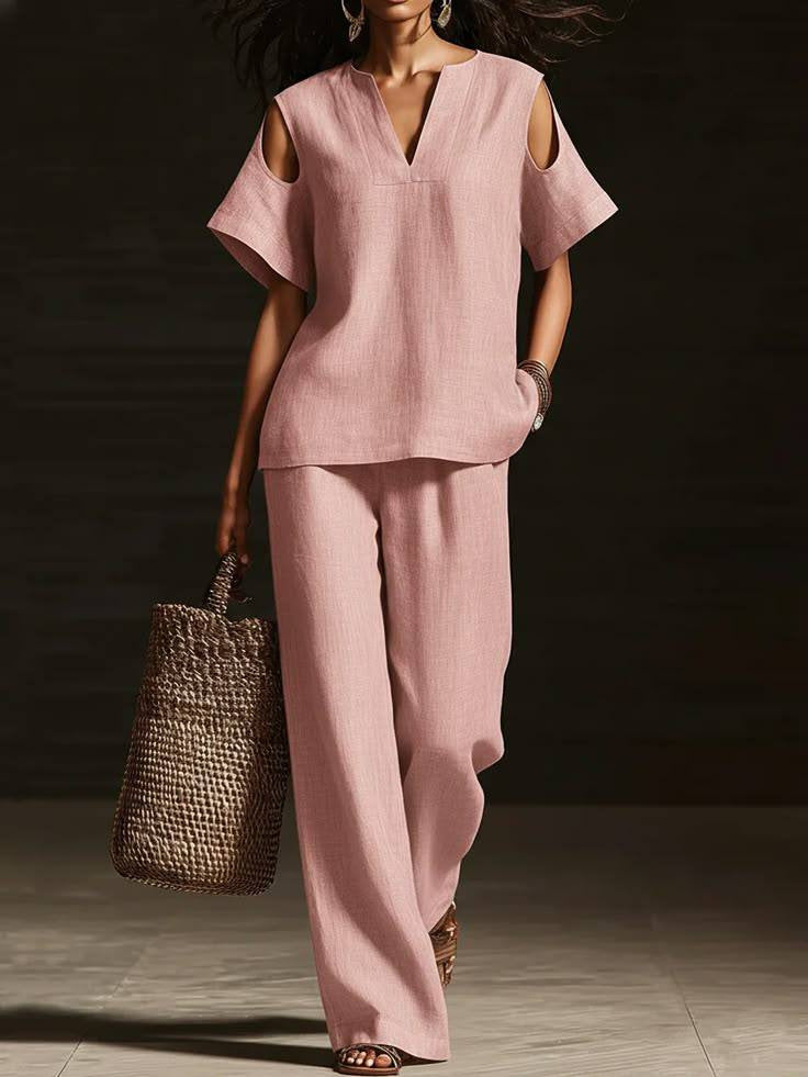 V-Neck Short Sleeve Top & Straight-Leg Pants Set – Ripped Detail, Pockets, Solid Color FitiqueFit