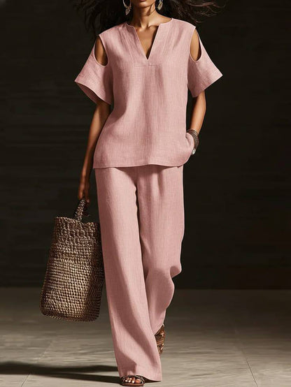 V-Neck Short Sleeve Top & Straight-Leg Pants Set – Ripped Detail, Pockets, Solid Color FitiqueFit