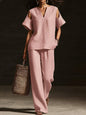 V-Neck Short Sleeve Top & Straight-Leg Pants Set – Ripped Detail, Pockets, Solid Color FitiqueFit