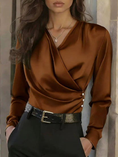 Women's Elegant Cross V-Neck Blouse, Ruffle Detail Button Accent Office Shirt FitiqueFit