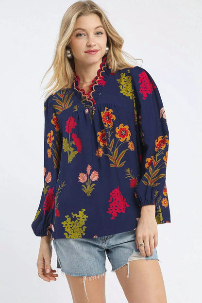 Umgee Flower Print Blouse with Scalloped Neckline FitiqueFit