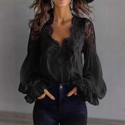 Lace-Panel Puff Sleeve Pleated Ruffle Shirt | Ballet Style FitiqueFit
