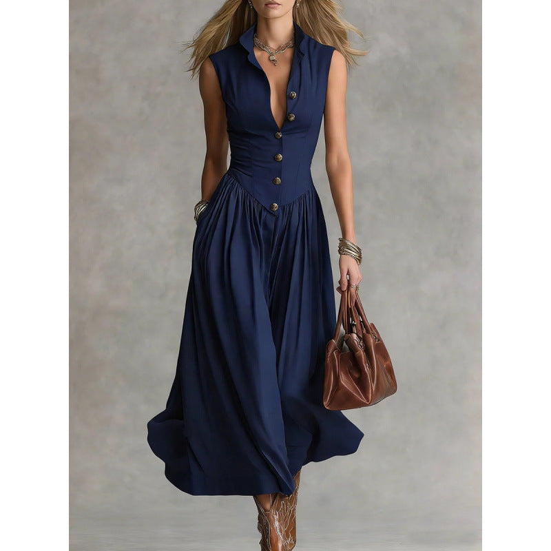 Women's Sleeveless Lapel Collar Maxi Dress – Slim Fit Patchwork FitiqueFit