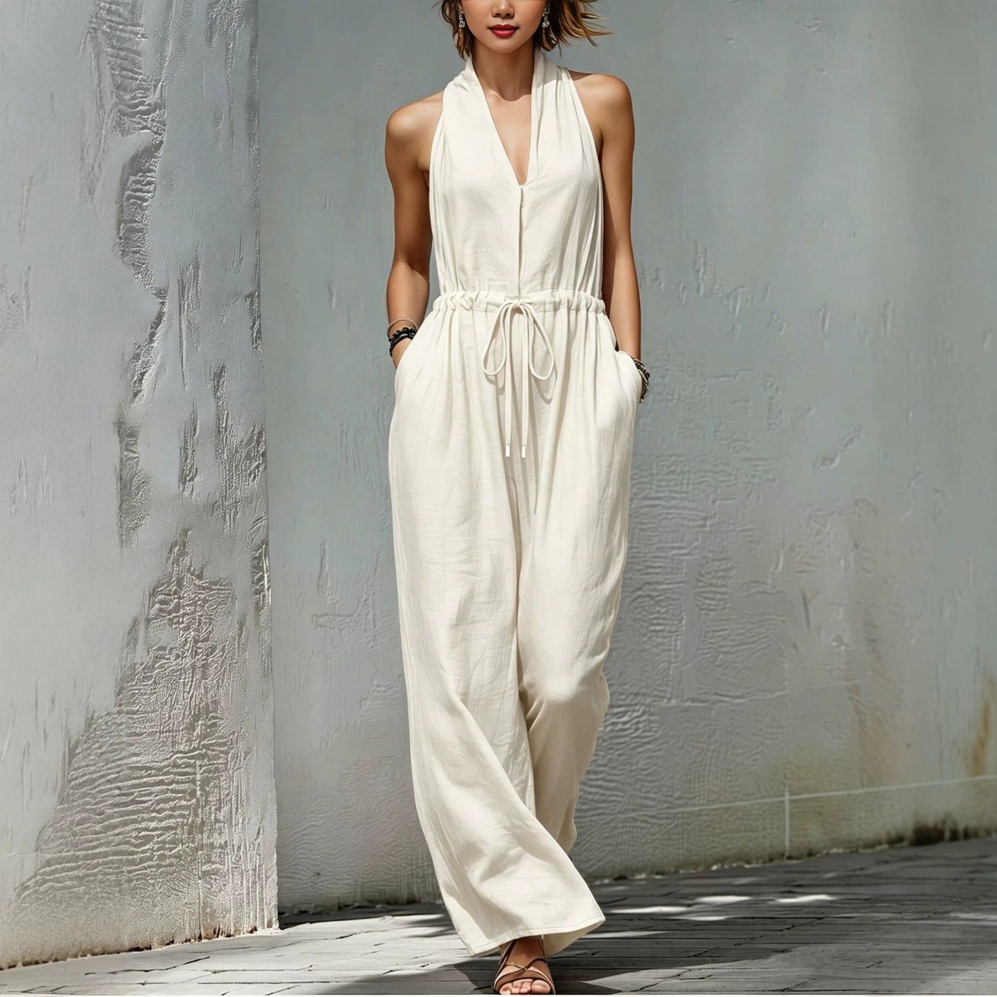 Women's Sleeveless Halter Neck Solid Color Long Jumpsuit FitiqueFit