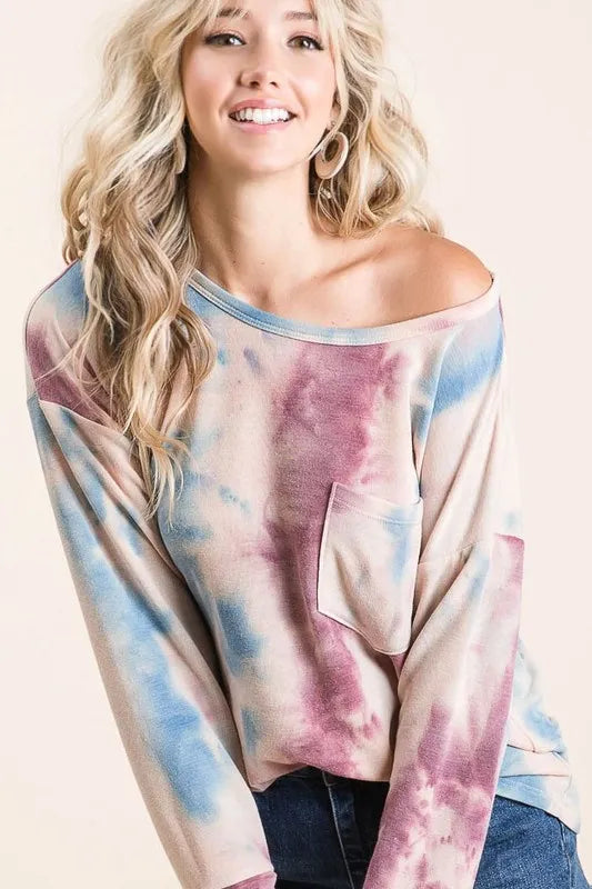 BiBi Tie Dye Print Terry Top With Front Patch Pocket New Era Fashion LLc