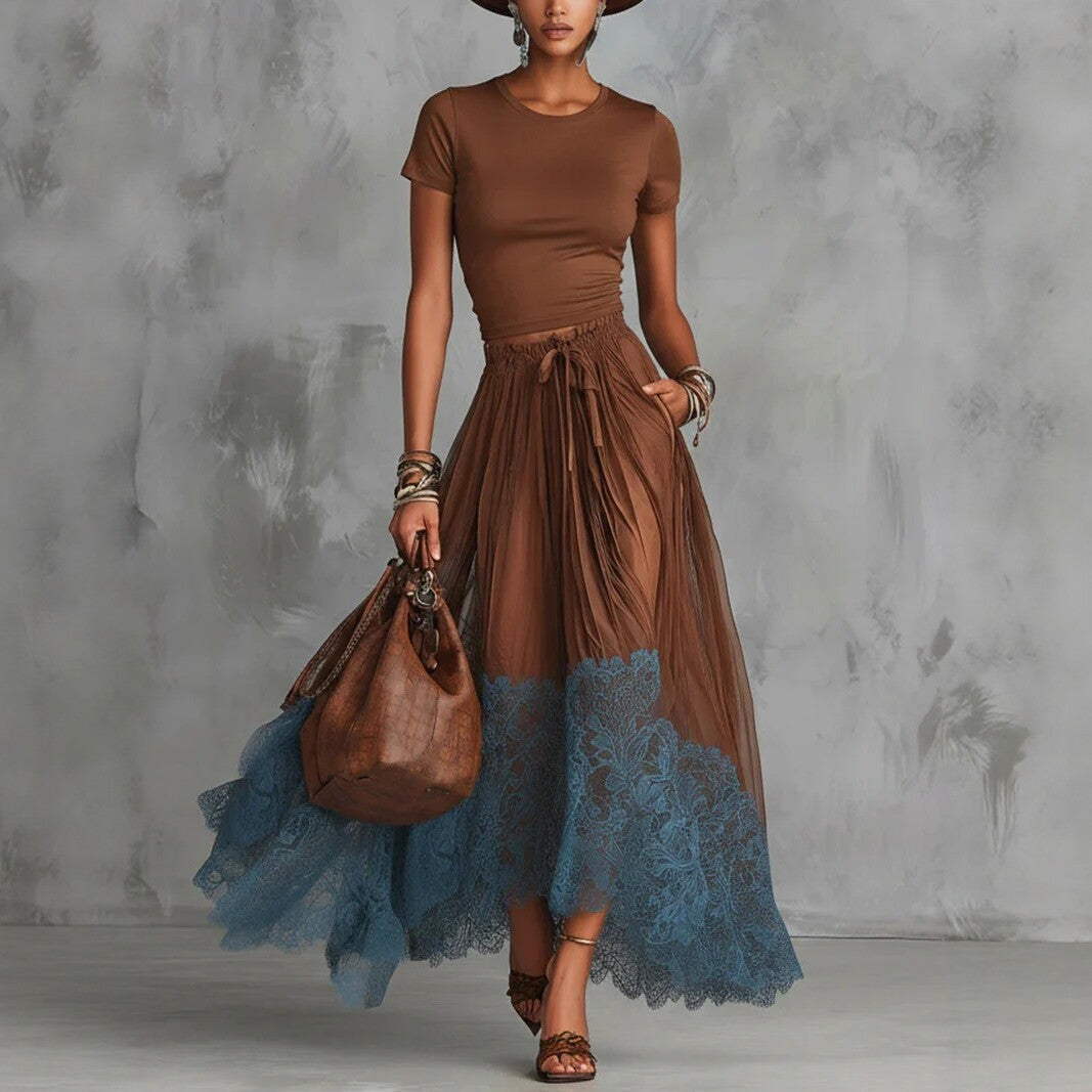 Short-Sleeve Top and Lace-Panel Midi Skirt Set FitiqueFit