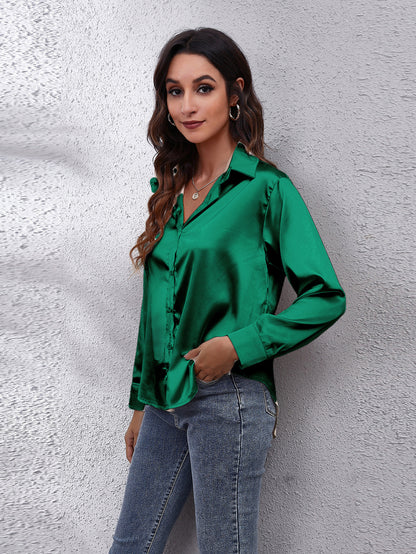 Hot Style In-Kind Shooting Satin Shirt Women'S Satin Imitation Long-Sleeved Shirt New European And American Cross-Border Women'S Clothing NovaCart
