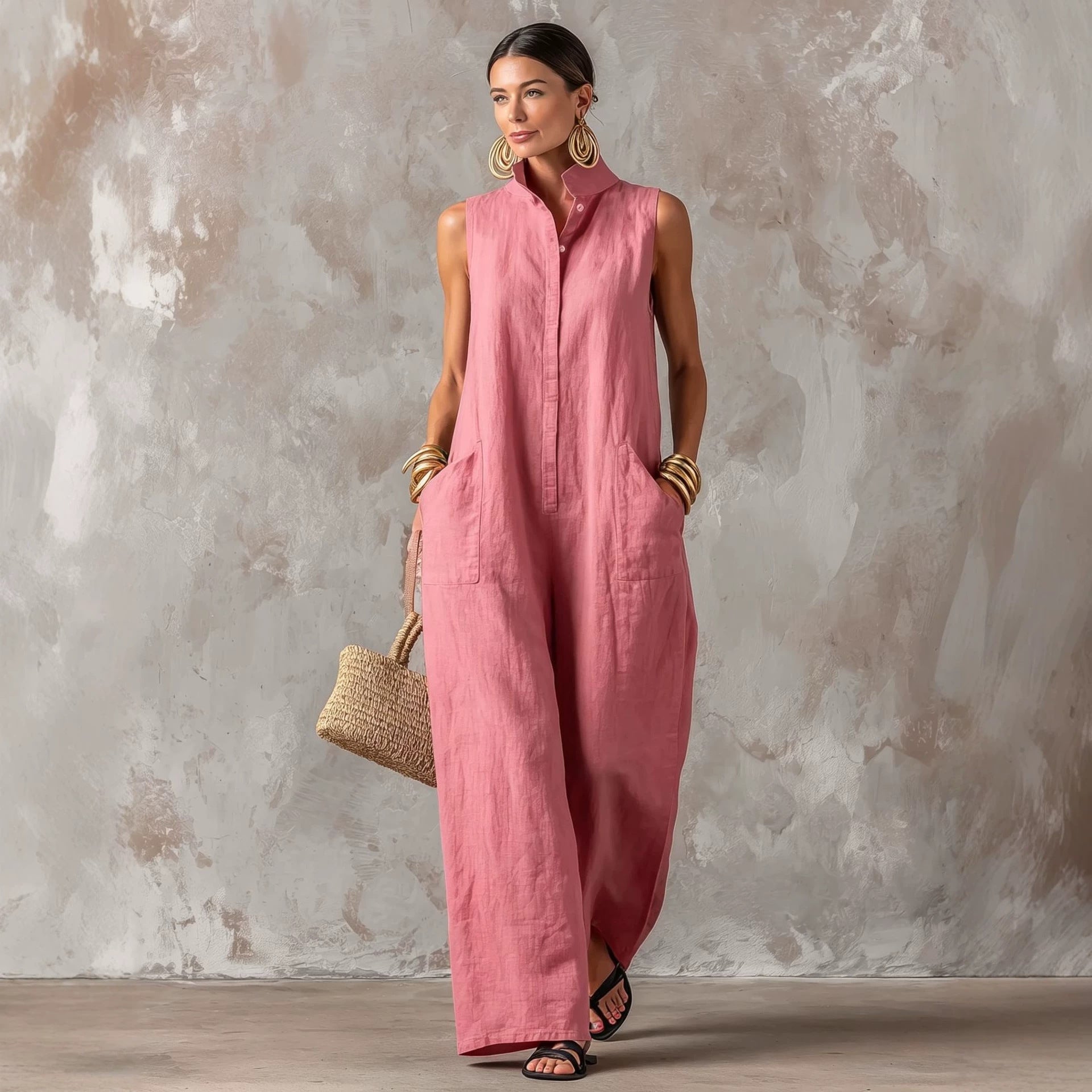 Linen Blend Sleeveless Stand-Collar Jumpsuit – 5 Colors S–3XL FitiqueFit