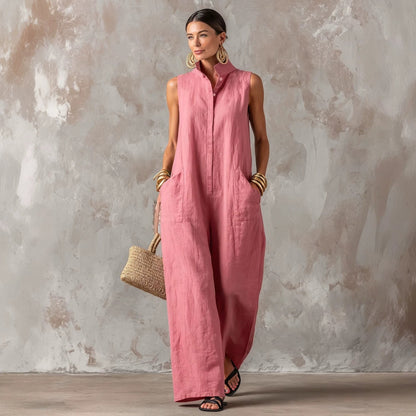 Linen Blend Sleeveless Stand-Collar Jumpsuit – 5 Colors S–3XL FitiqueFit