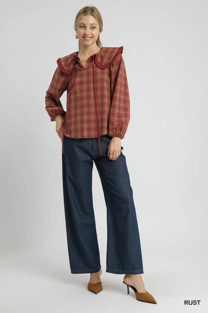 Umgee Full Size Plaid Ruffle Collar Blouse Plus Size Garden Naked Curves