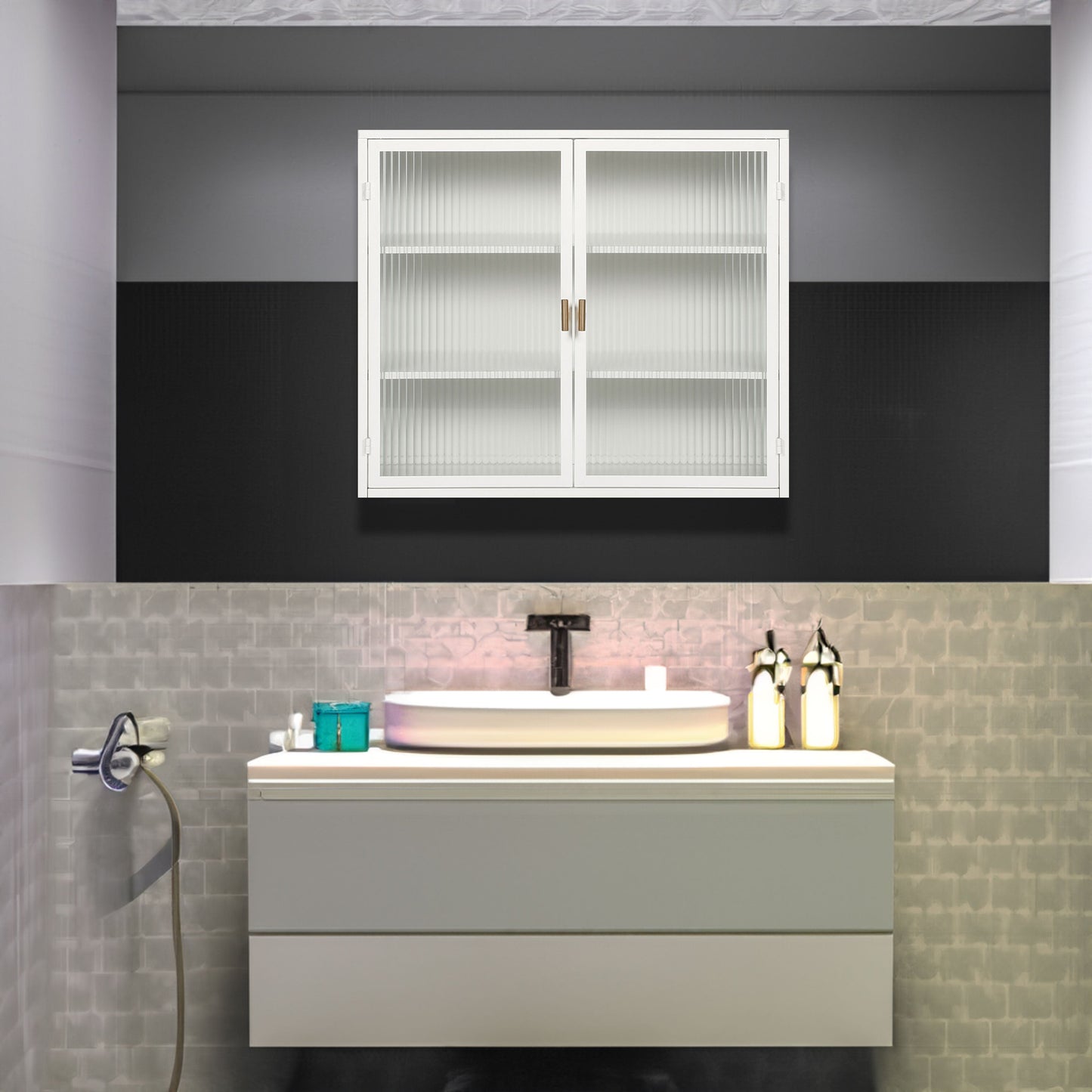 27.56"Glass Doors Modern Two-door Wall Cabinet with Featuring Three-tier White