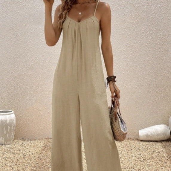Women’s Casual Suspender Jumpsuit – V-Neck Solid Color Sleeveless One-Piece FitiqueFit