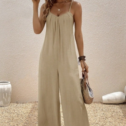 Women’s Casual Suspender Jumpsuit – V-Neck Solid Color Sleeveless One-Piece FitiqueFit