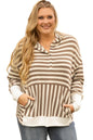 Brown Stripe Quarter Buttons Drop Sleeve Plus Size Hoodie Garden Naked Curves