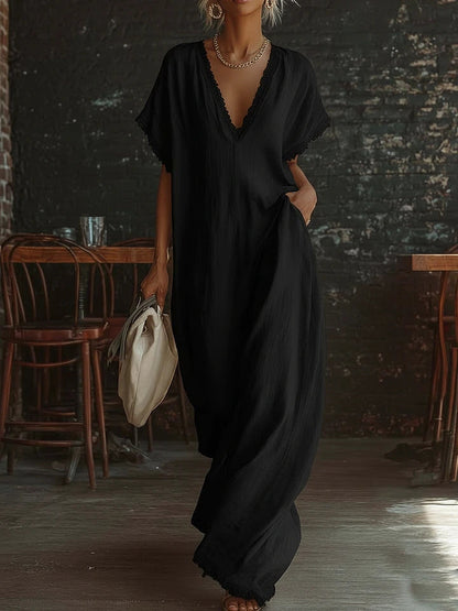 Lace-Trimmed Loose Linen Cotton Long Dress for Women FitiqueFit