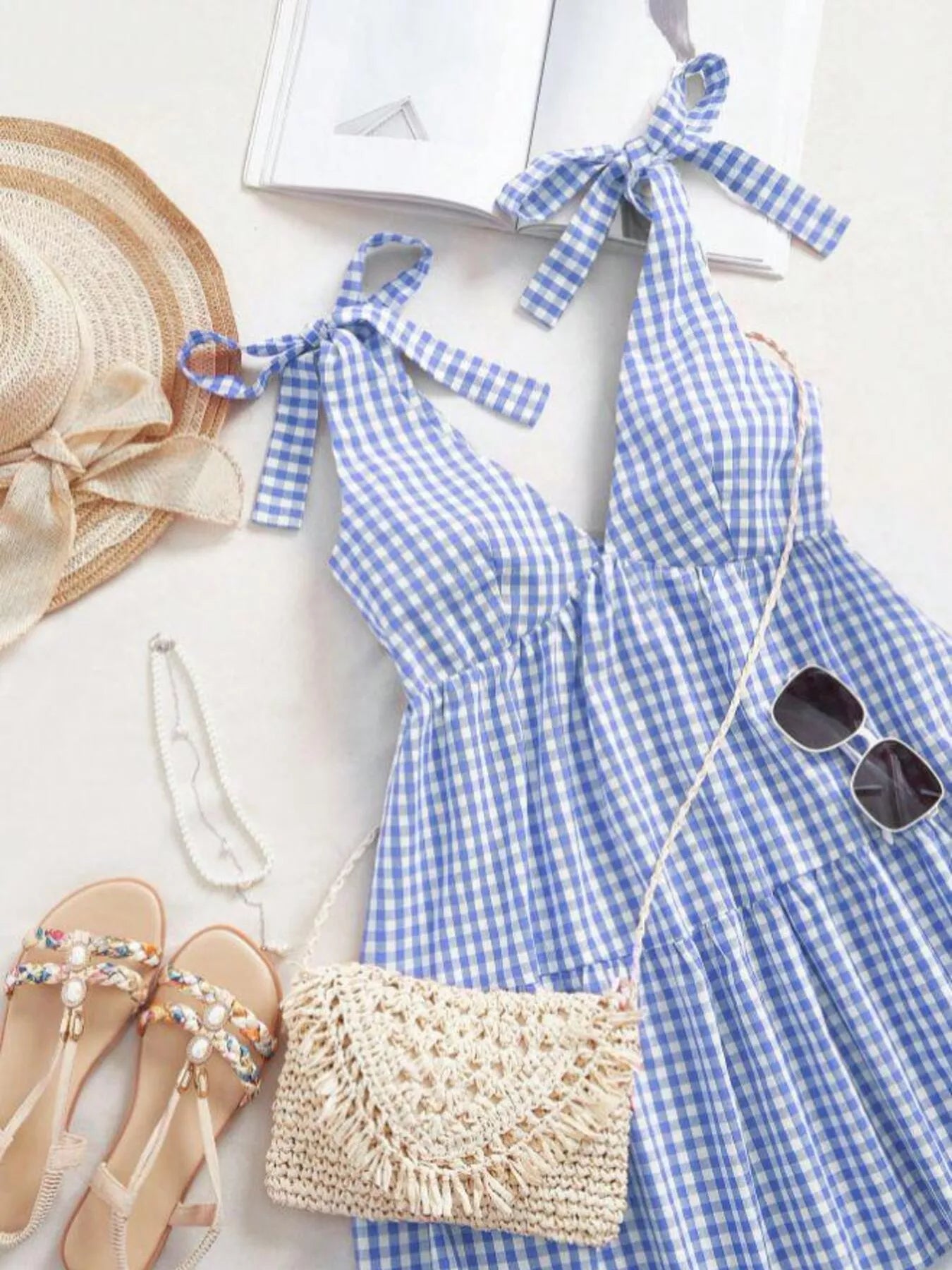 Gingham Tie-Shoulder Ruffle Hem Mini Dress New Era Fashion LLc