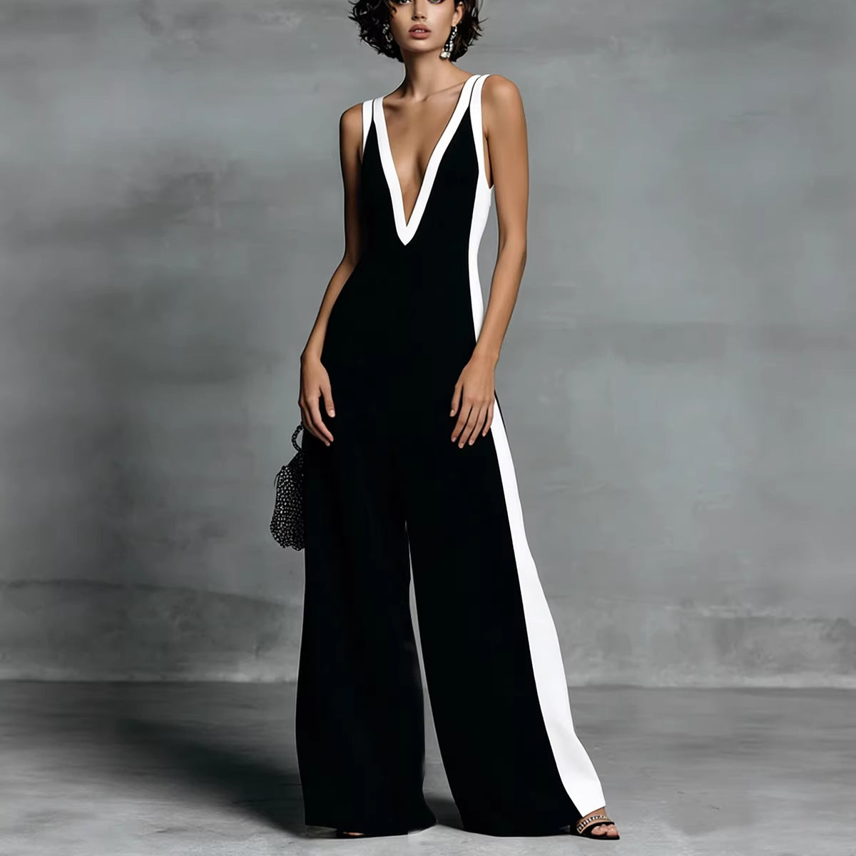 Women's Color-Block Sleeveless V-Neck Wide-Leg Jumpsuit – French Style Long Pants FitiqueFit