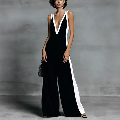 Women's Color-Block Sleeveless V-Neck Wide-Leg Jumpsuit – French Style Long Pants FitiqueFit