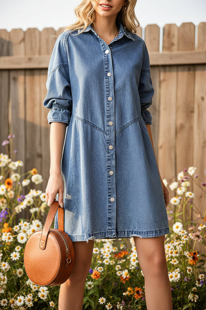 Women's Three-Quarter Sleeve Denim Dress – Ruffle Detail Mid-Length FitiqueFit