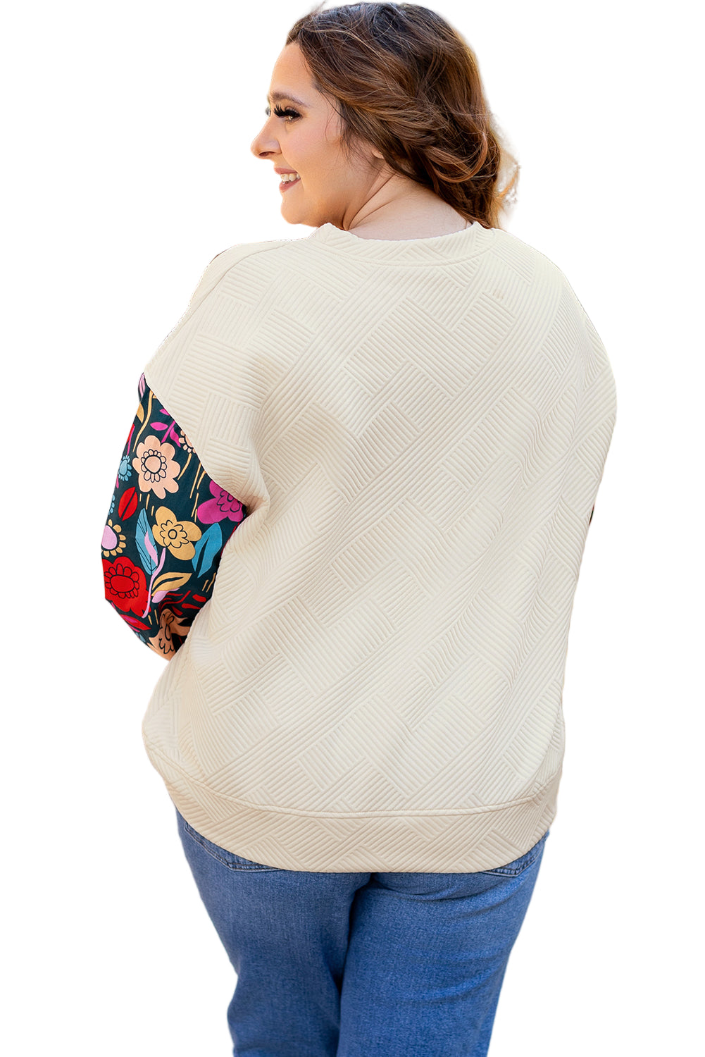 White Floral Patchwork Sleeve Textured Plus Size Pullover Top Garden Naked Curves