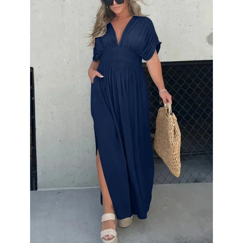 Bat-sleeved V-neck Slit  Elastic Waist Long Dress Grayceful LLC