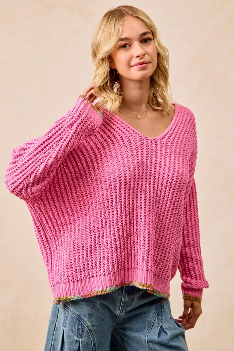 BiBi V-Neck Sweater with Colorful Trim FitiqueFit