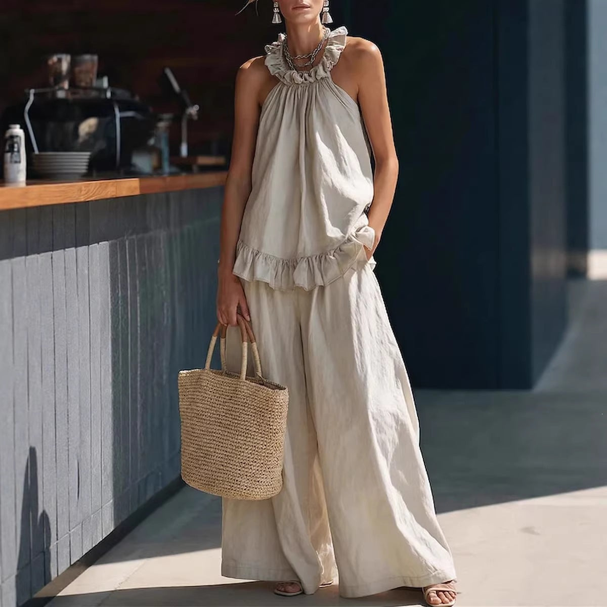 Halterneck Loose Two-Piece Set | Pleated Asymmetric Pocket Set FitiqueFit