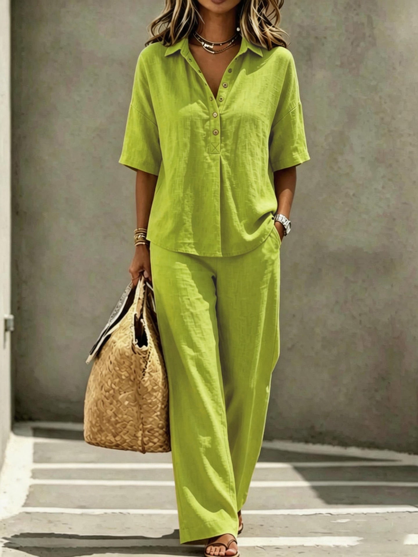 Women's Polo Neck Button-Up Top & Wide-Leg Pants Two-Piece Set FitiqueFit