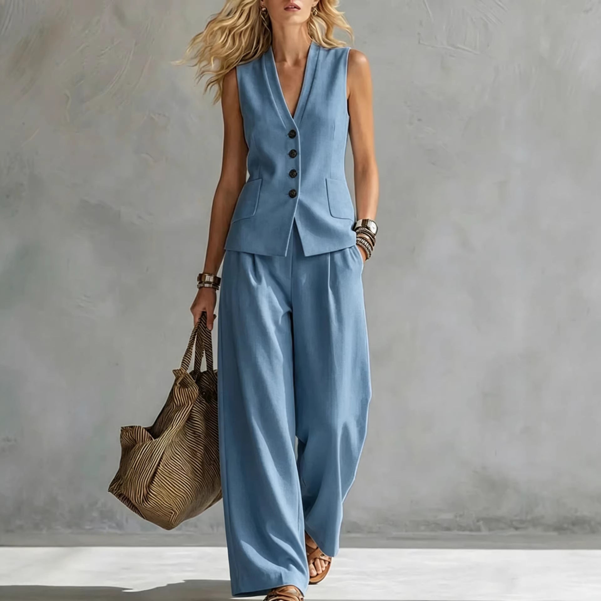 Women's Solid Linen Sleeveless Tank Top & Full-Length Pants Set FitiqueFit