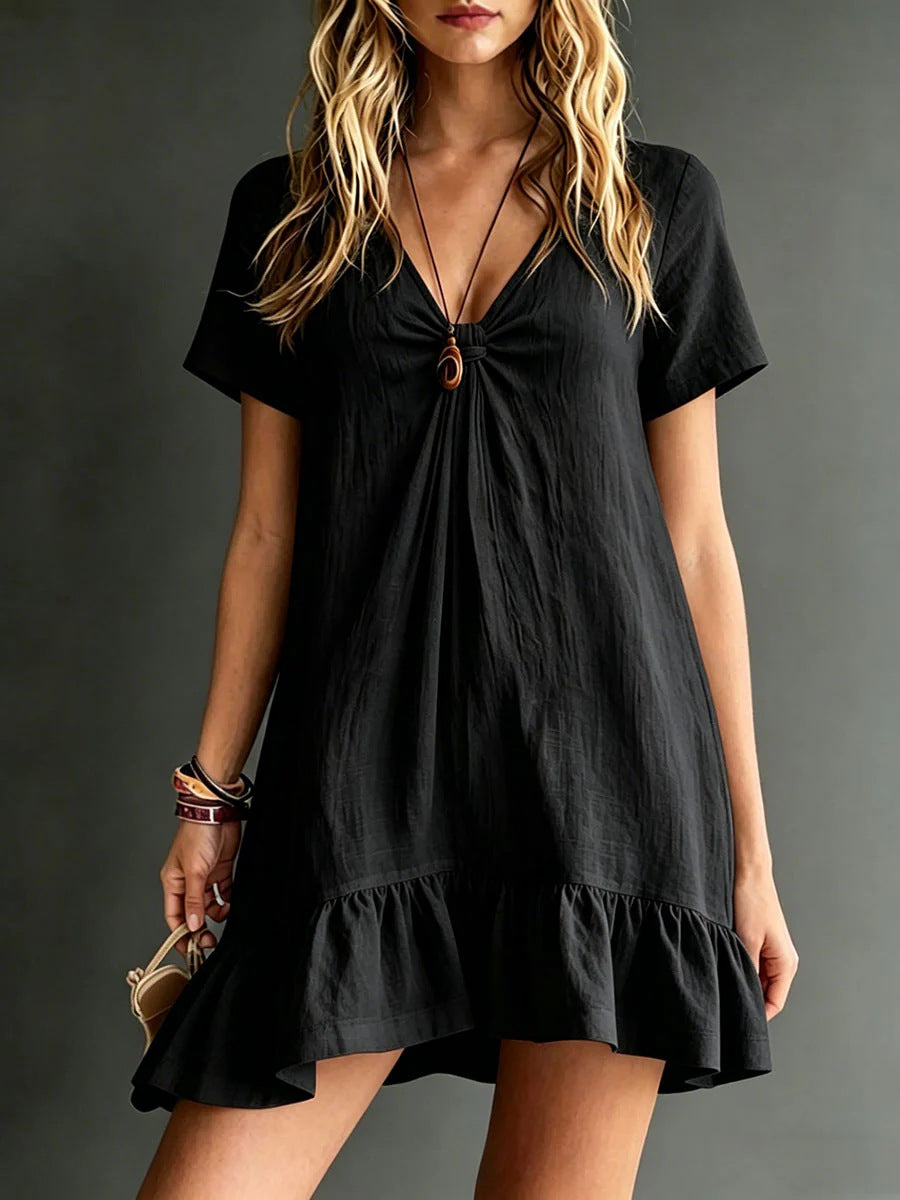 Women's V-Neck Short-Sleeve Midi Dress – Ice Silk Crepe Loose Casual FitiqueFit