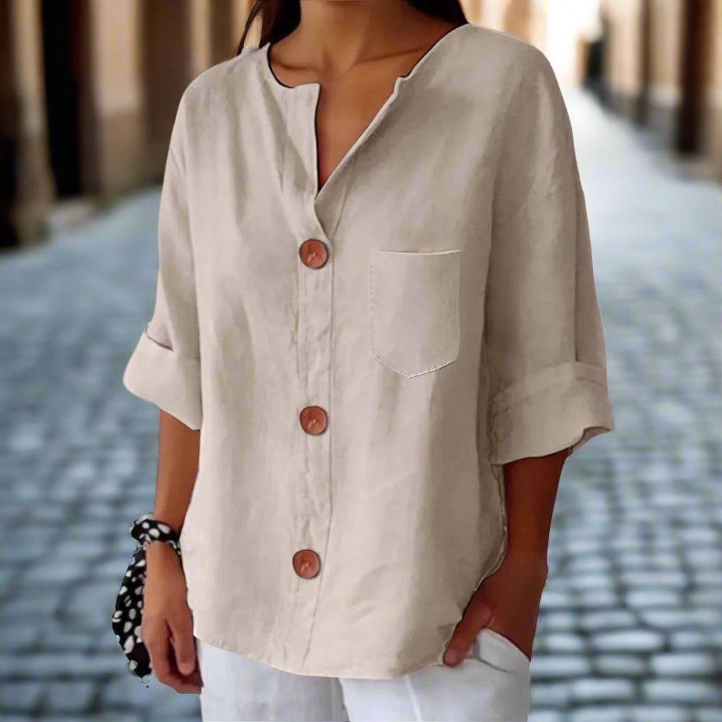 Women’s Loose V Neck T Shirt – Cotton Linen Button Top FitiqueFit