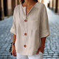 Women’s Loose V Neck T Shirt – Cotton Linen Button Top FitiqueFit