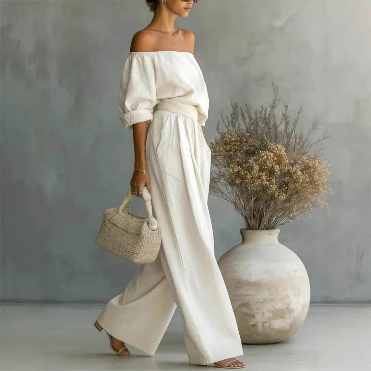 Women's Off-Shoulder Long-Sleeve Top & Wide-Leg Pants Two-Piece Set FitiqueFit