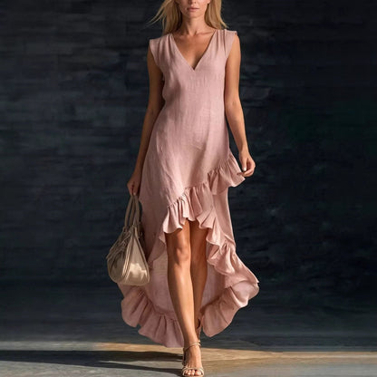 Sleeveless V-Neck Ruffle Hem Maxi Dress – Women's Cotton Linen FitiqueFit