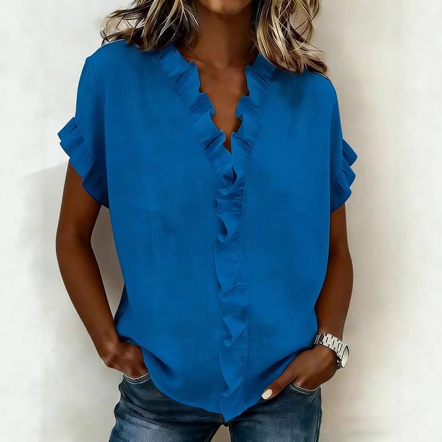 V-Neck Ruffle Sleeve Solid Color Top | Asymmetric Linen Blend FitiqueFit