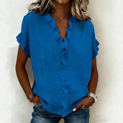 V-Neck Ruffle Sleeve Solid Color Top | Asymmetric Linen Blend FitiqueFit