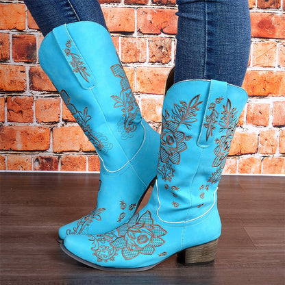 Womens Mid-Calf Boots With Embroidery Ethnic Style And A Comfortable Mid-Heel See size chart under “more details” The Fashion Celestial