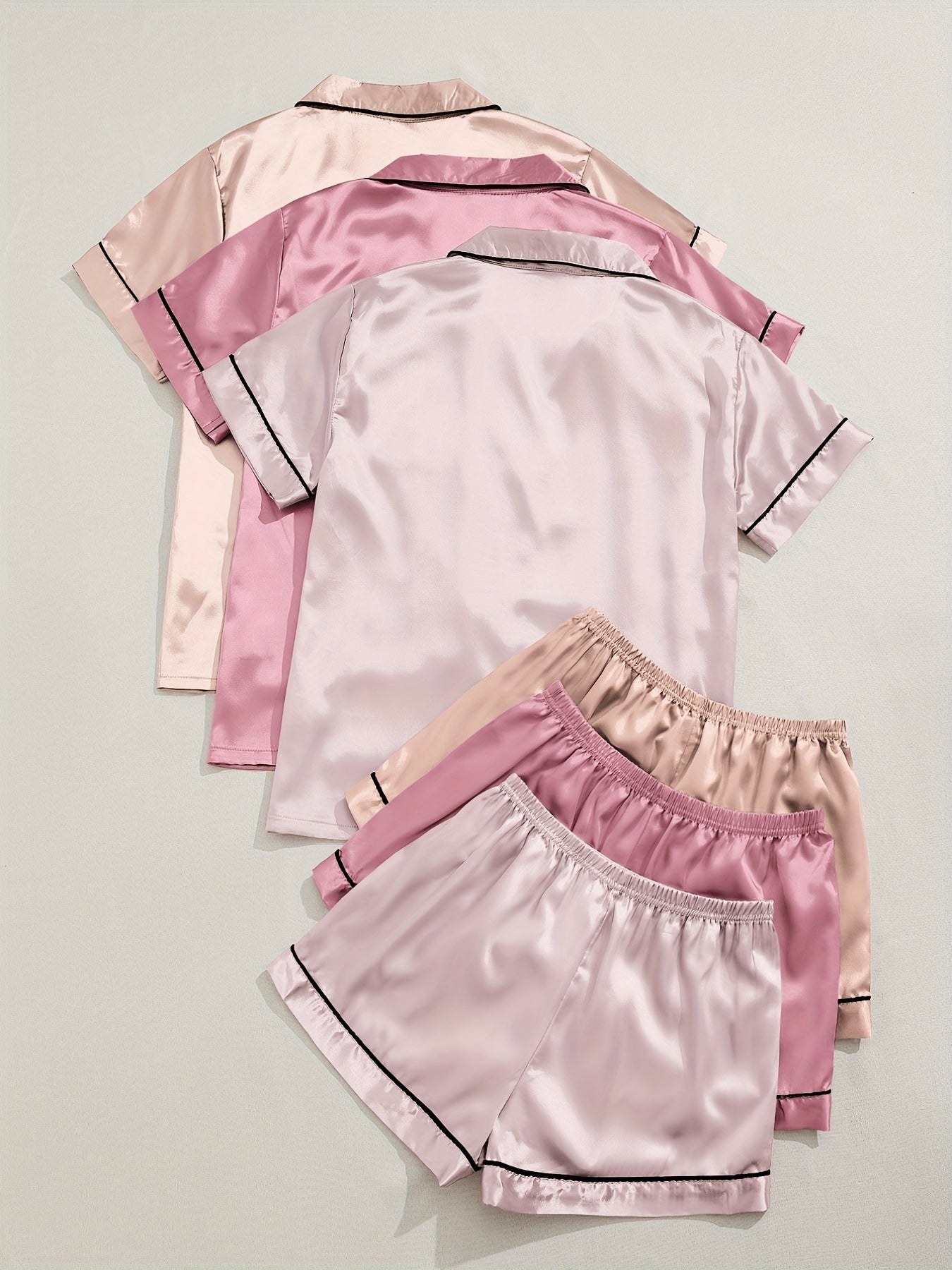 [Three Suits] Multicolor Variety of Short-sleeved Shorts Solid Color Imitation Y Satin PJ Set Women's Two-piece Suit NovaCart