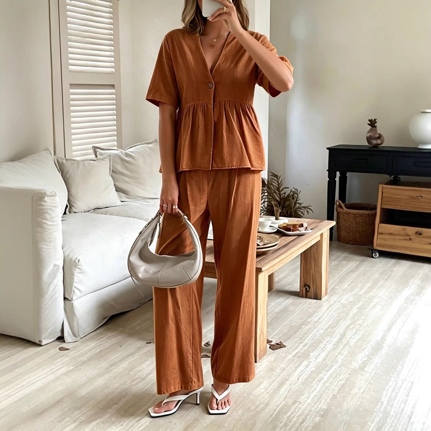 Women's V-Neck Loose Short-Sleeve Top & Wide-Leg Pants Set FitiqueFit
