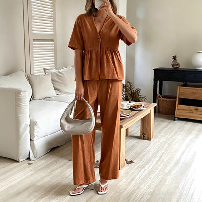 Women's V-Neck Loose Short-Sleeve Top & Wide-Leg Pants Set FitiqueFit