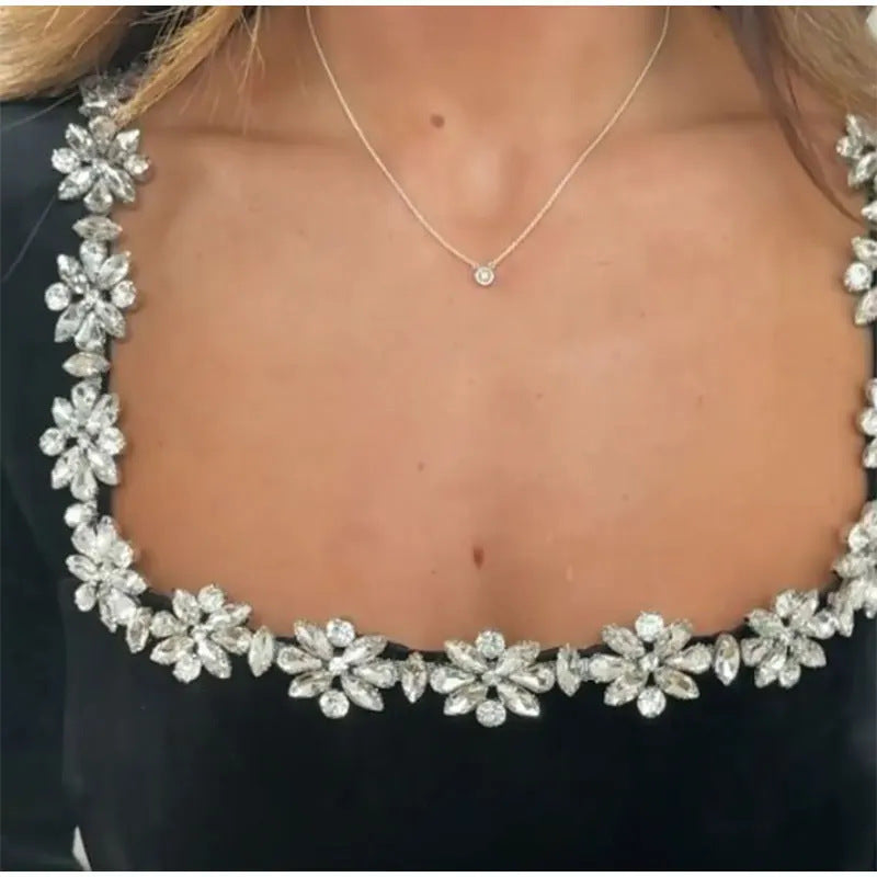 Elegant Square Neck Long-Sleeved Dress With Flowers Rhinestone Design FitiqueFit